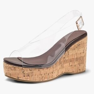 NIB Clear Platform Wedge Sandals Open Peep Toe Slingback Cork 8 Transparent
